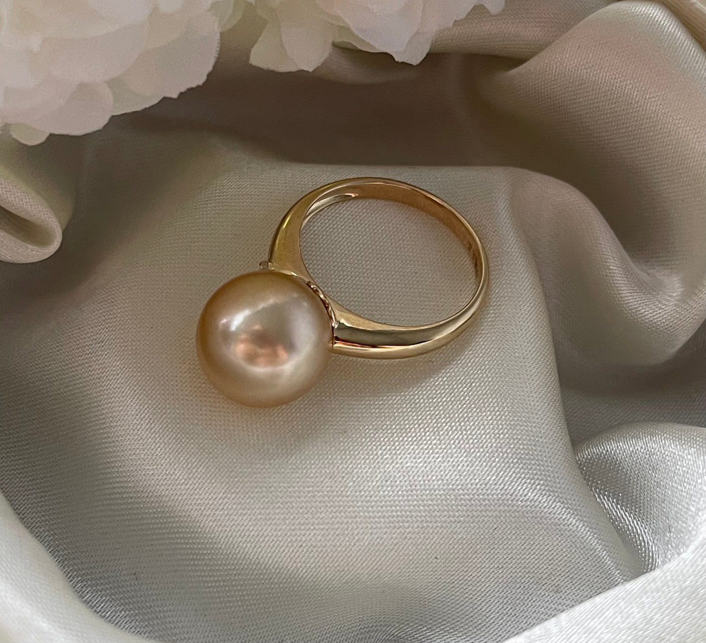 Golden South Sea Pearl Ring With Diamond In 9ct Yellow Gold