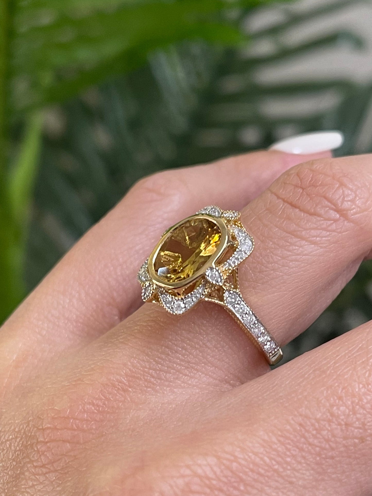 Art Deco Style Natural Heliodor Diamond Ring In 14ct Yellow Gold