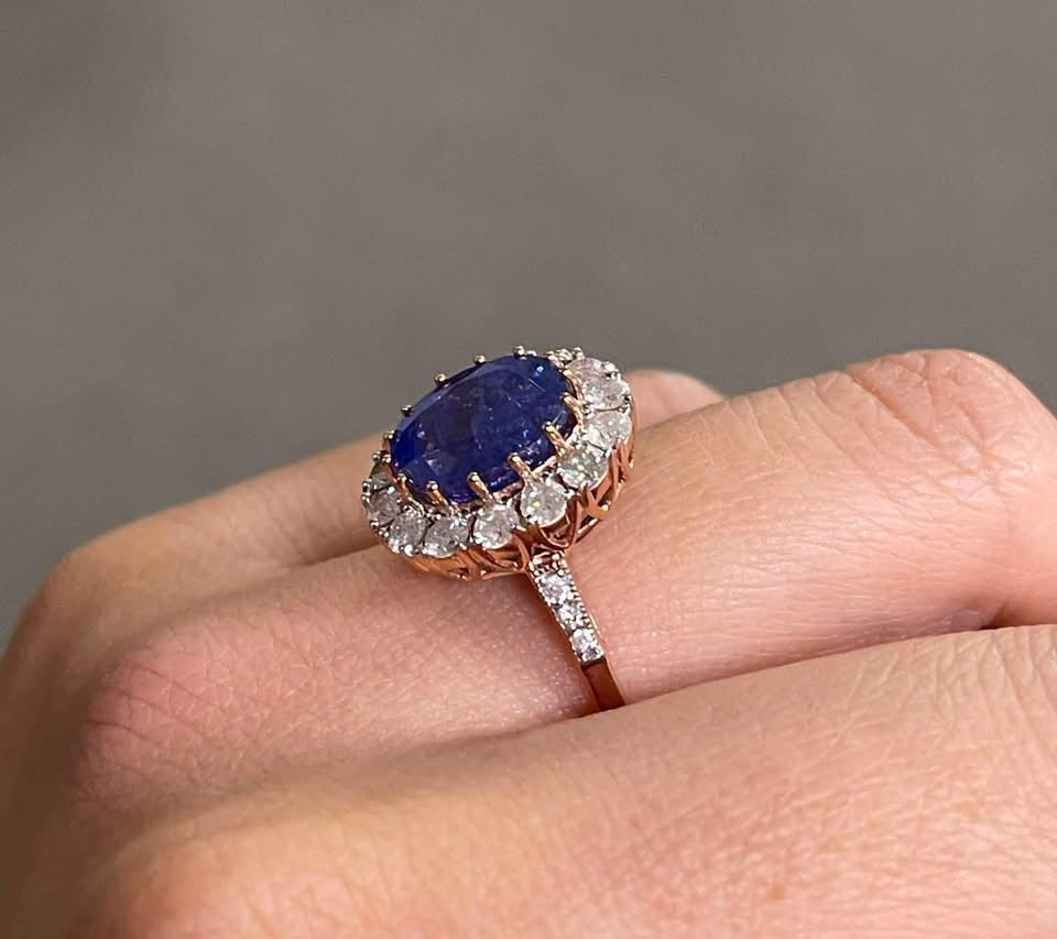 Classic Natural Tanzanite Diamond Halo Ring In 14ct Rose Gold