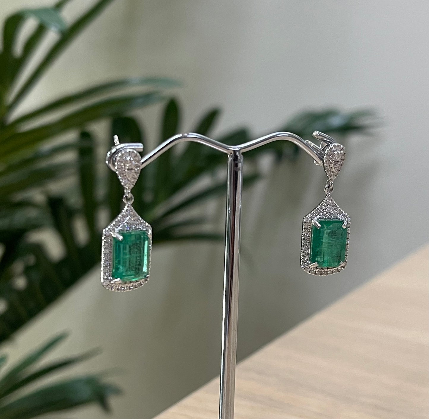 4.88ct Natural Emerald & Diamond Earrings In 14ct White Gold