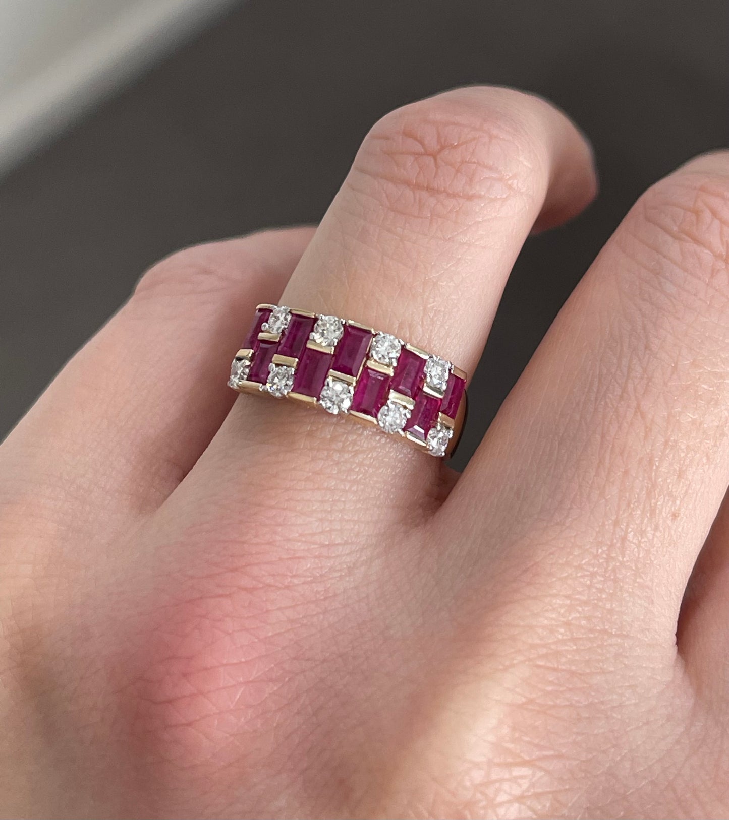 Natural Ruby Diamond Geometric Ring In 14ct Yellow Gold