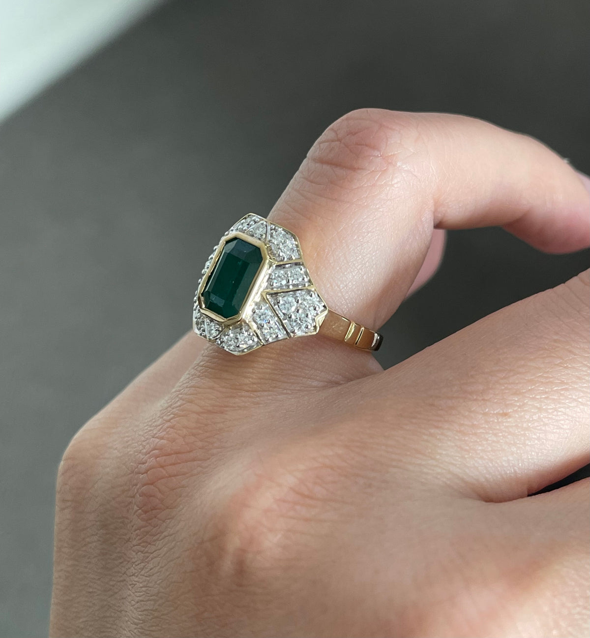 Art Deco Style Natural Emerald Diamond Ring In 14ct Yellow Gold