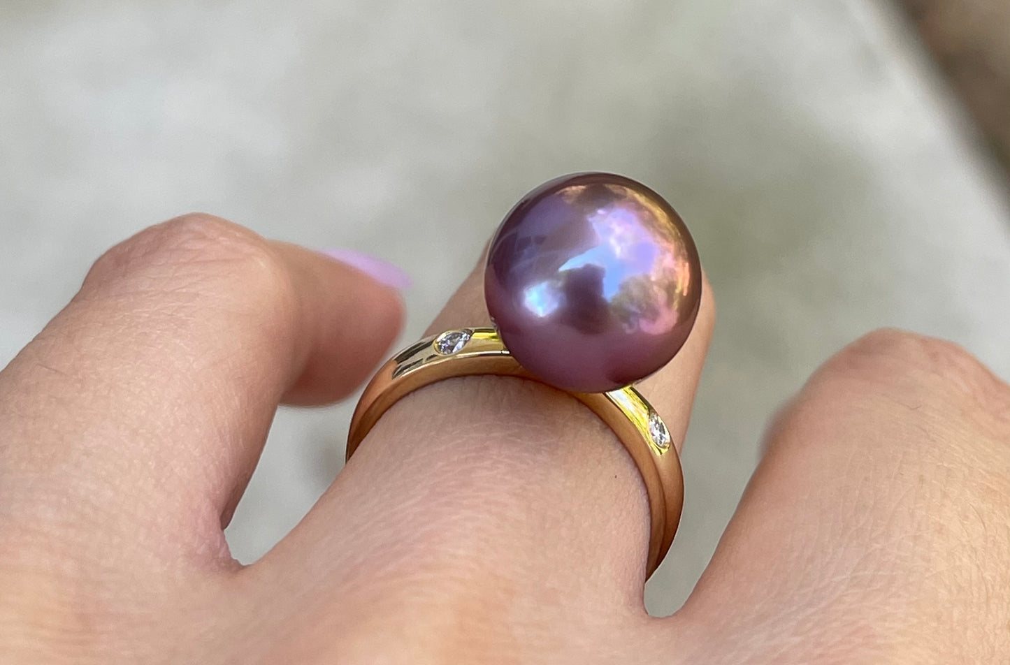 Lavender Edison Pearl & Diamond Ring in 9ct Yellow Gold