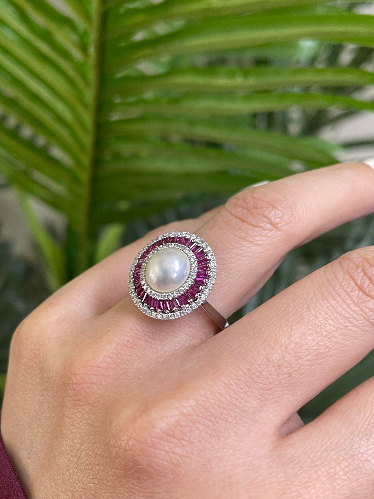 Art Deco Inspired Mabe Pearl Ruby Diamond Ring In 14ct White Gold