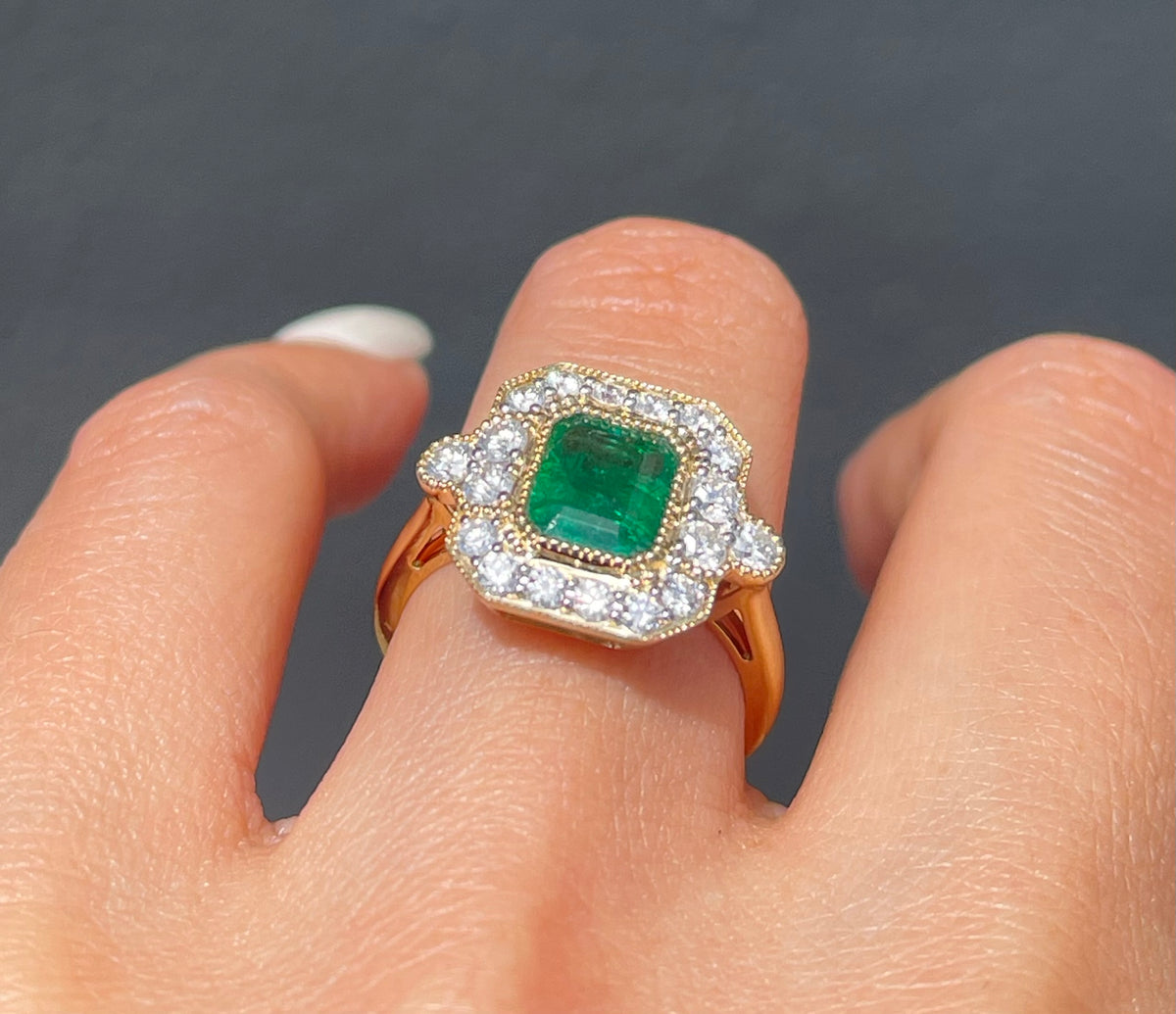 Natural Emerald Diamond Ring In 14ct Yellow Gold - Art Deco Style