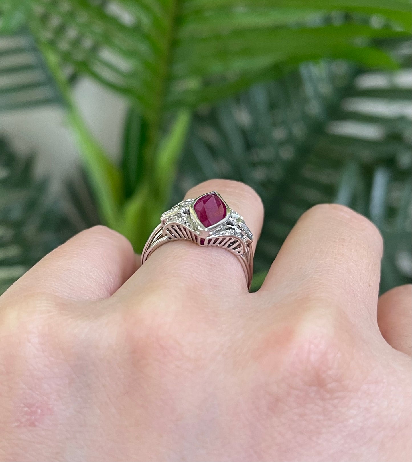 Art Deco Style 1.6ct Natural Marquise cut Ruby & Diamond Ring