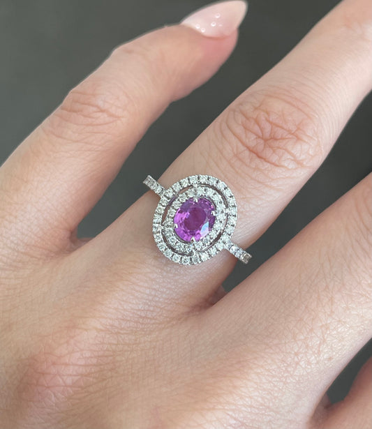 Natural Pink Sapphire Diamond Double Halo Ring In 14ct White Gold