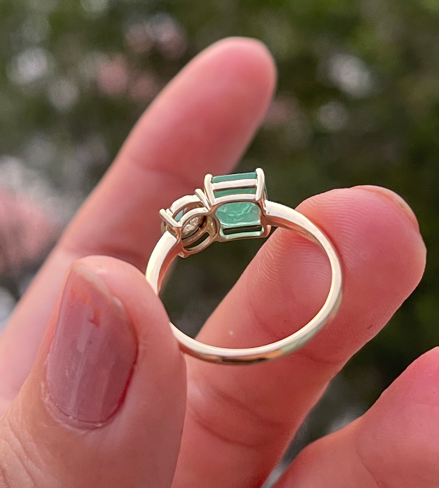 9ct yellow gold 1.25ct natural emerald with diamond Toi et Moi ring