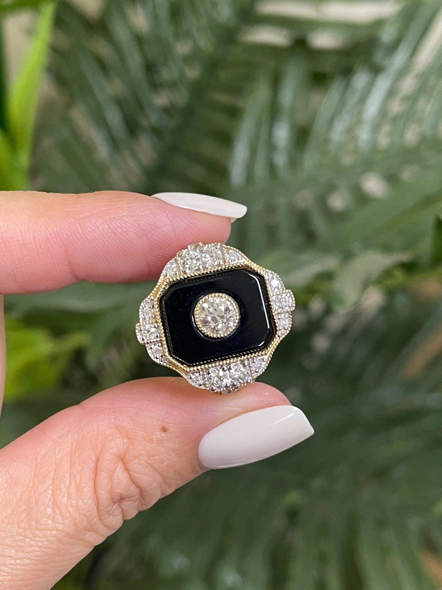 Art Deco Inspired Black Onyx Natural 1.52ct Old Cut Diamond Ring In 14ct Yellow Gold