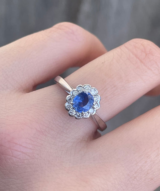 Natural Ceylon Sapphire Diamond Halo Ring In 9ct White Gold