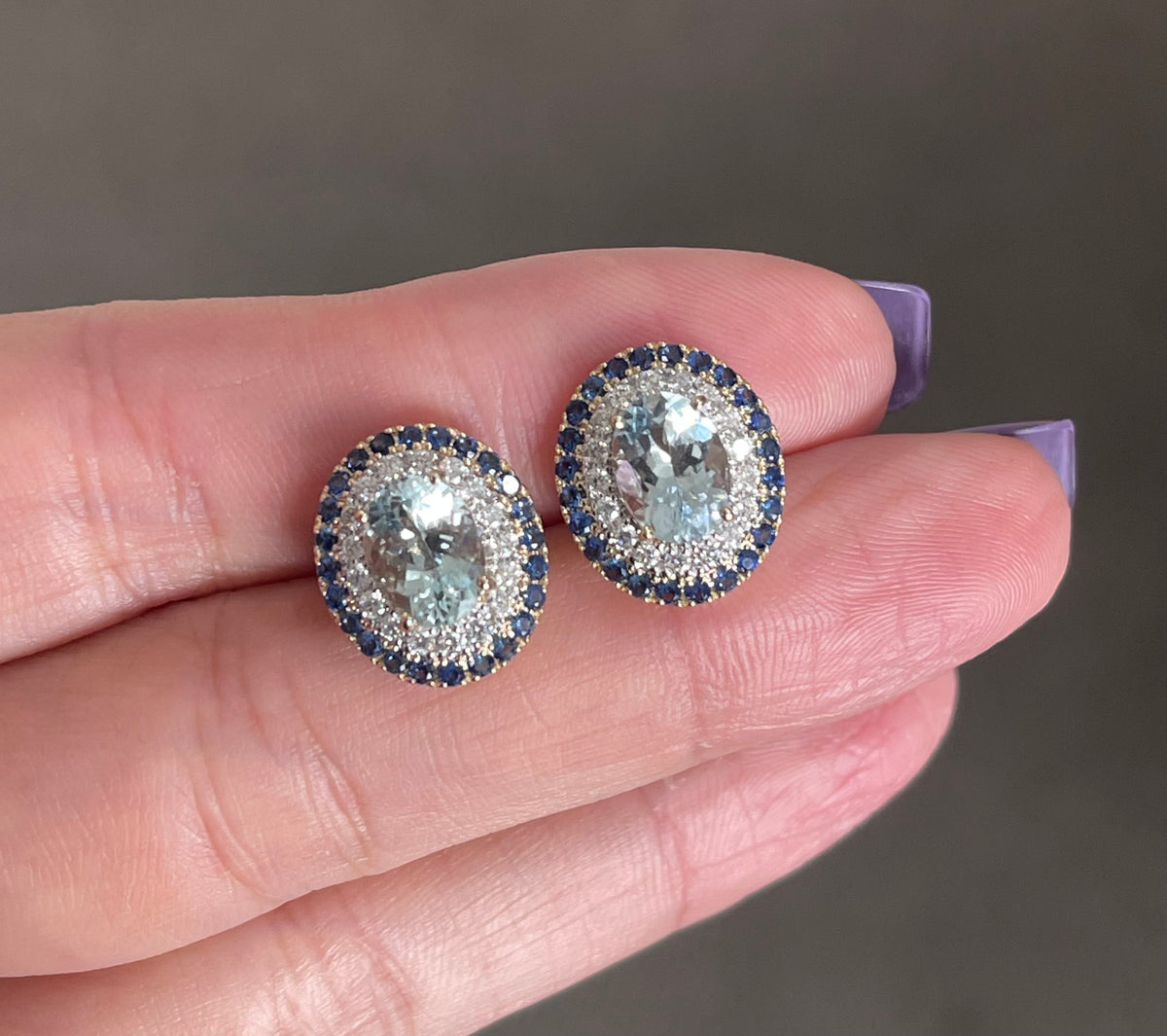 Timeless Natural Aquamarine Blue Sapphire Diamond Halo Earring In 14ct Yellow Gold