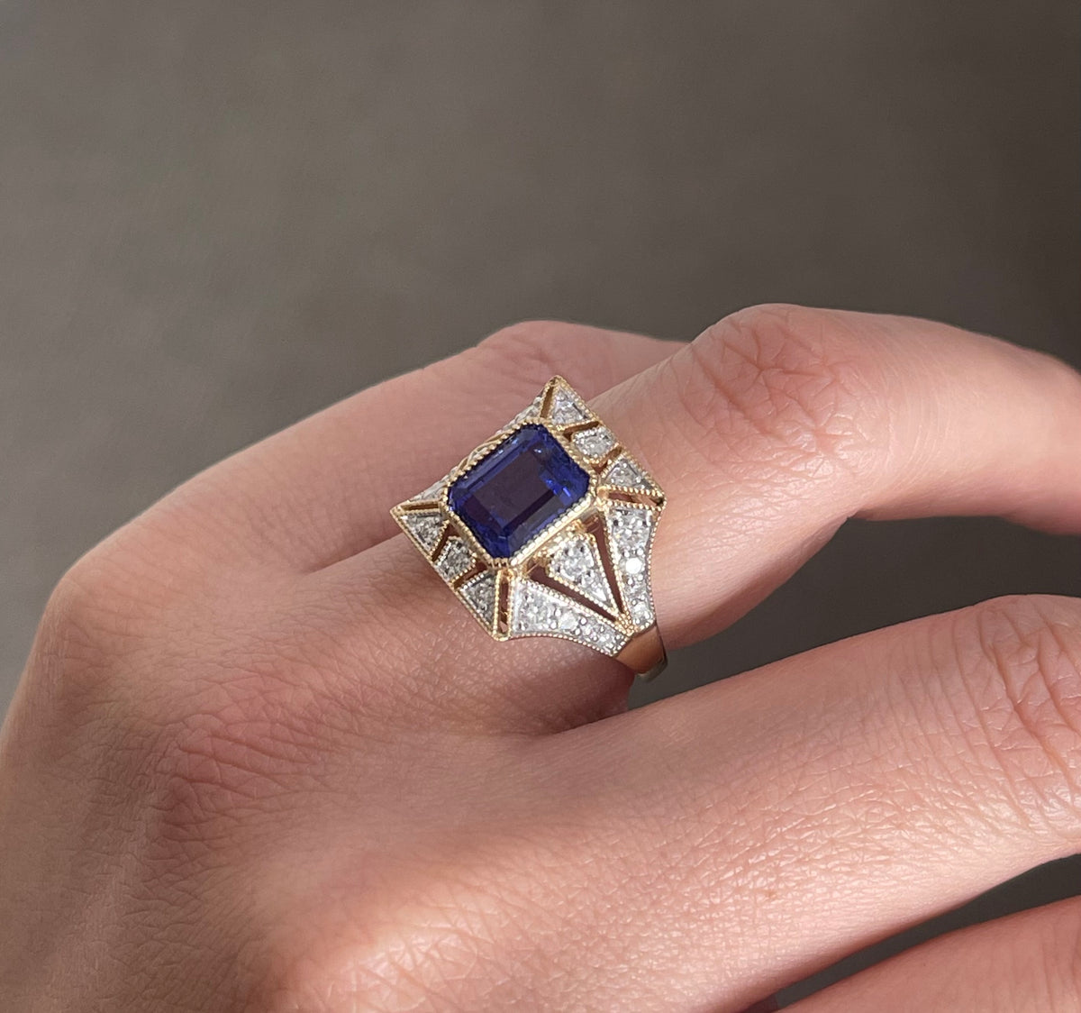 Imperial Art Deco Style Natural Tanzanite Diamond Ring In 14ct Yellow Gold