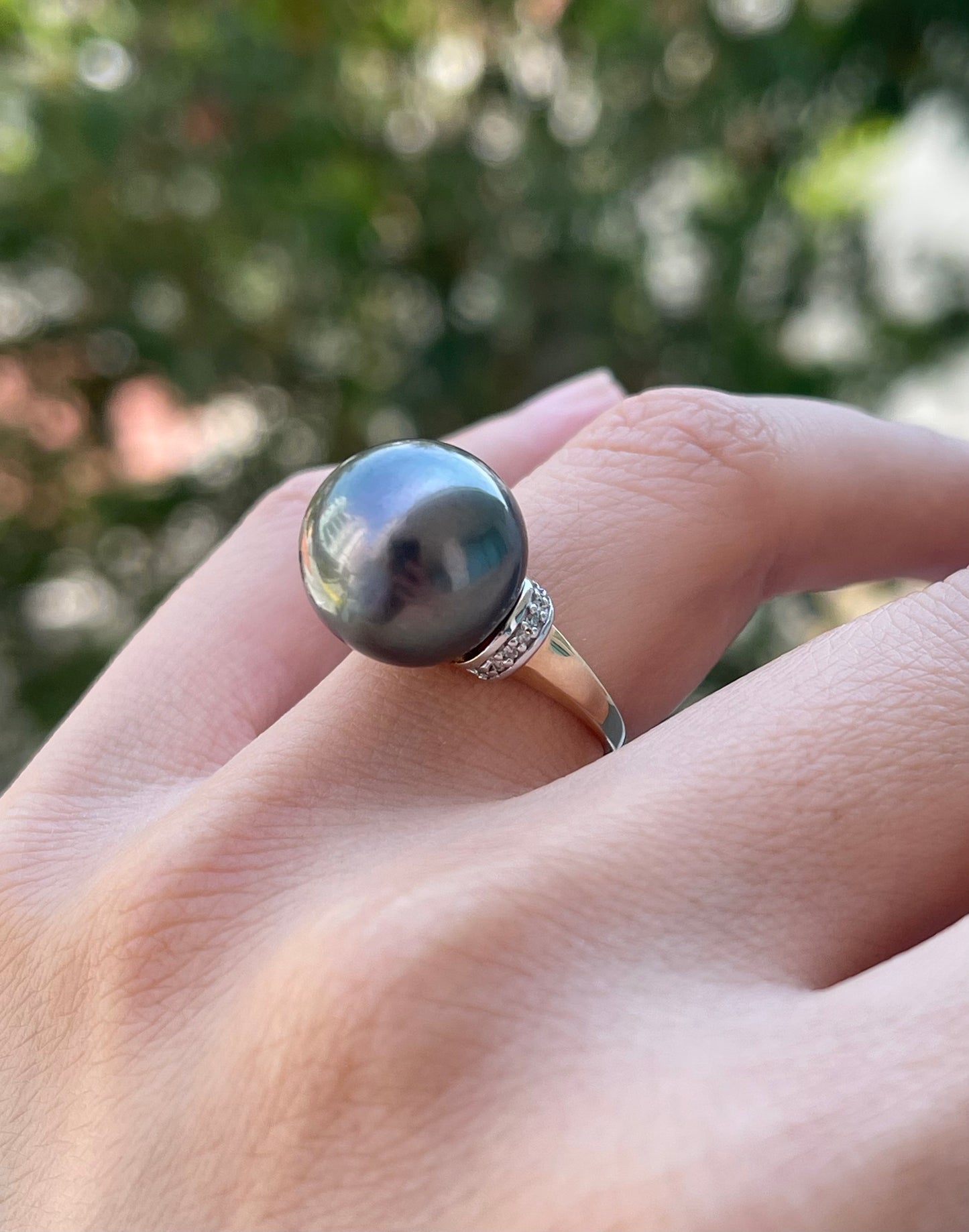 Vintage 10ct yellow & white gold large 14mm genuine Tahitian pearl diamond ring