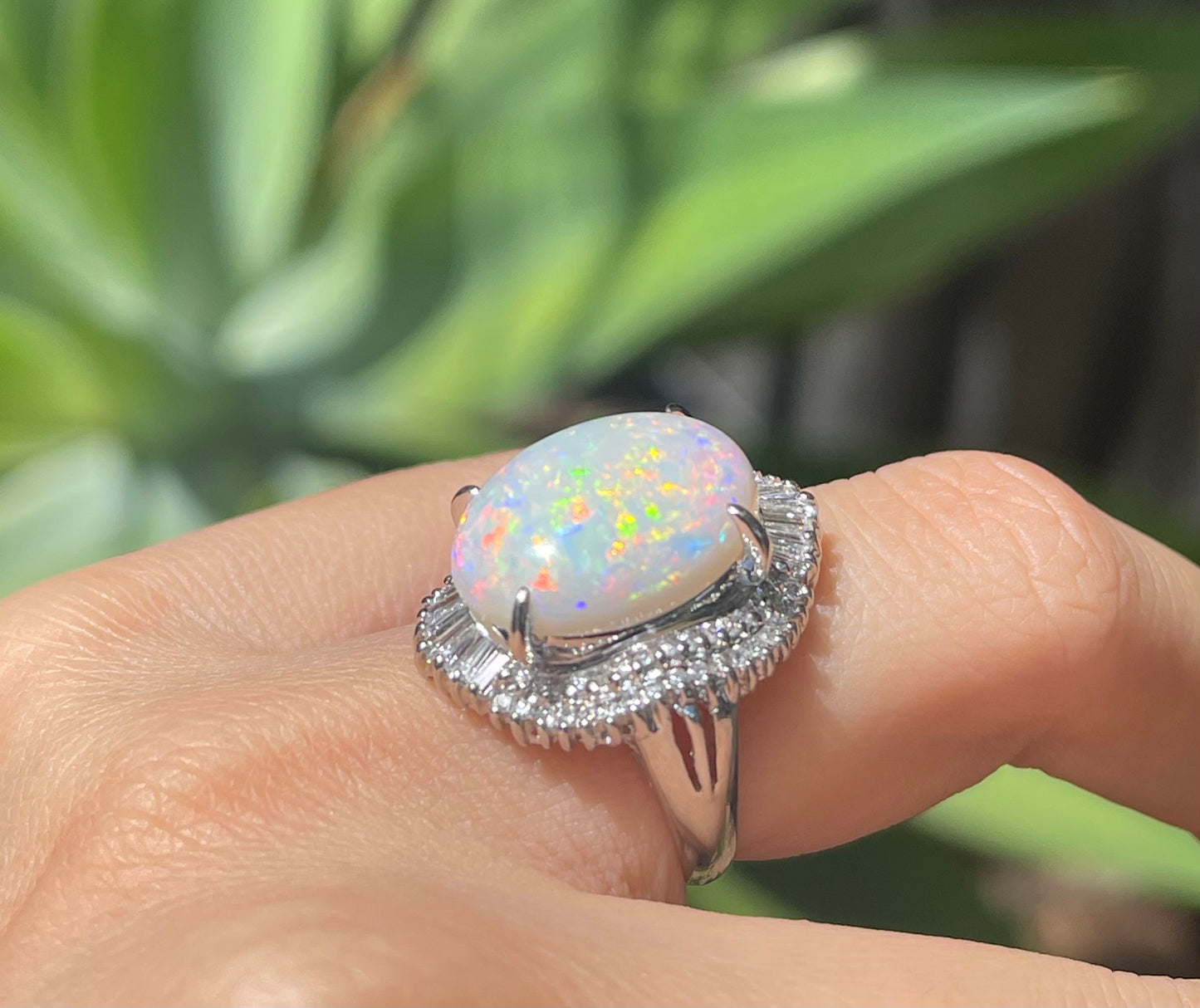 6.5ct Australian Solid Opal & Diamond Ring in 900 Platinum – Rare Harlequin Pattern with Fiery Red Flash