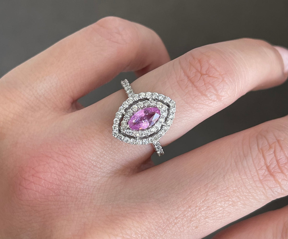 Natural Pink Sapphire Diamond Double Halo Ring In 14ct White Gold