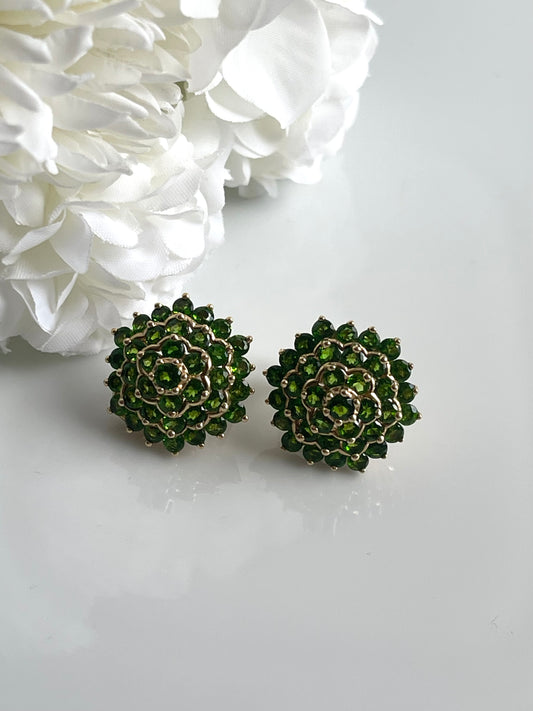 Vintage Rare Tsavorite (green garnet) Cluster Flower Earrings In 14ct Yellow Gold