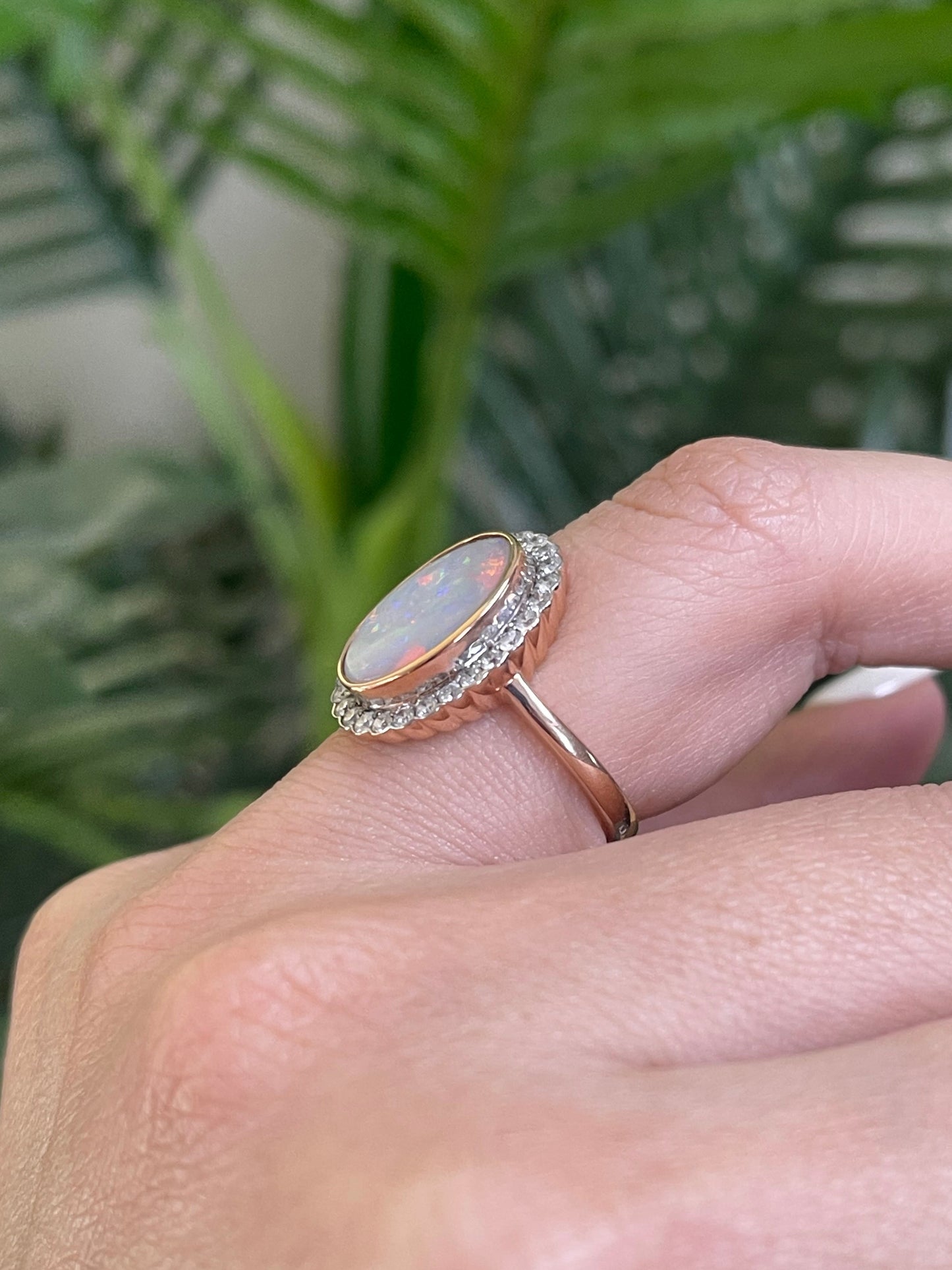 Natural Solid Australian Andamooka Opal & Diamond Ring In 14ct Rose & White Gold