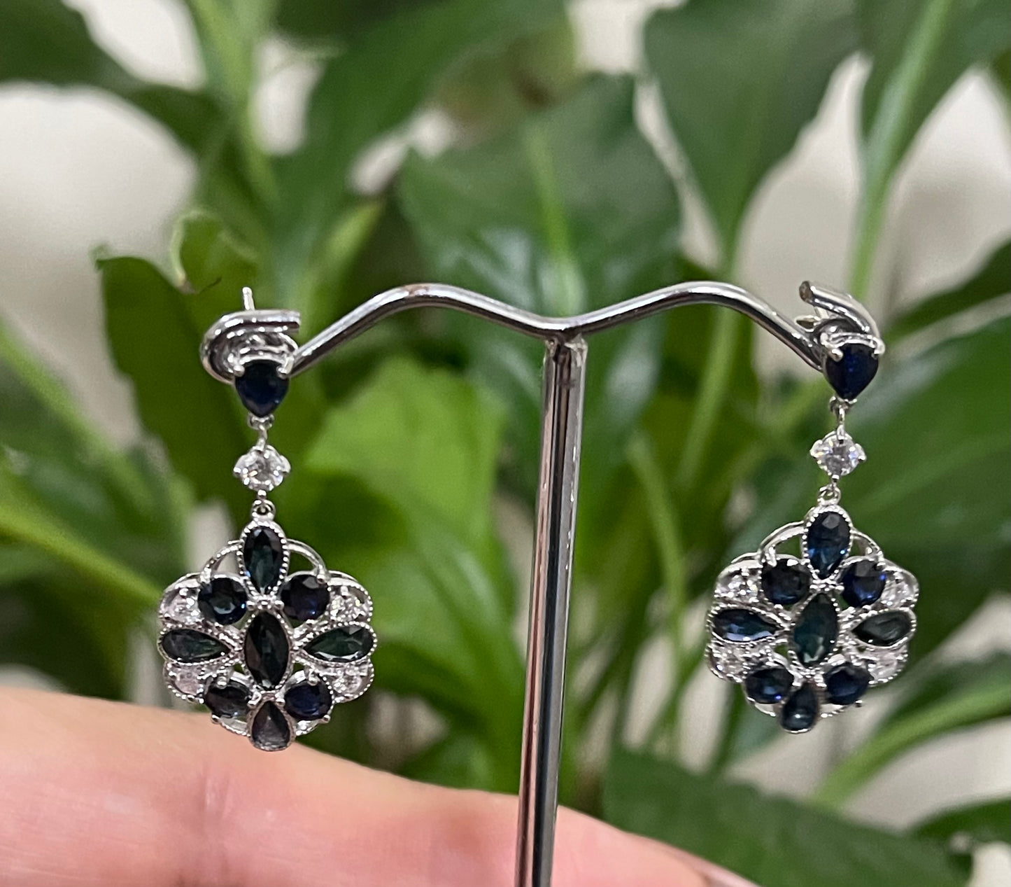 Art Deco Style 4.07ct Natural Sapphire & Diamond Drop Earrings In 14ct White Gold