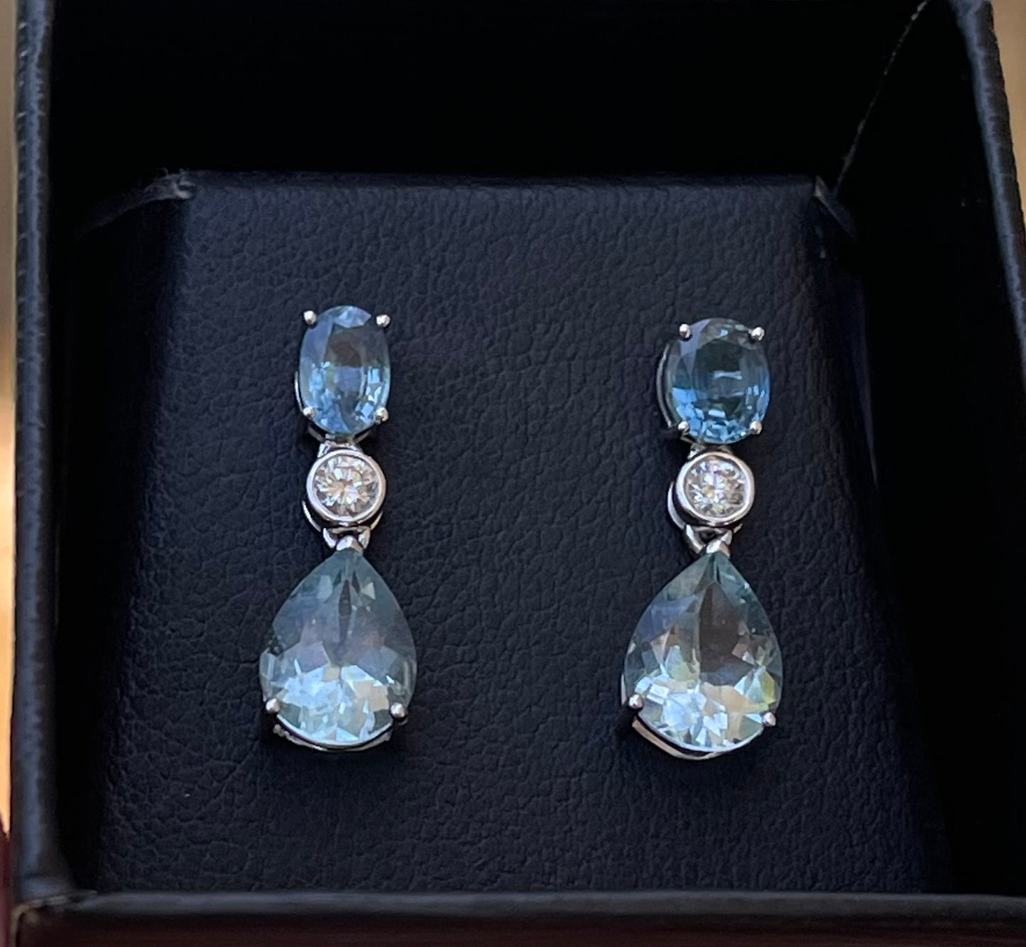 9ct white gold natural aquamarine sapphire diamond drop earrings