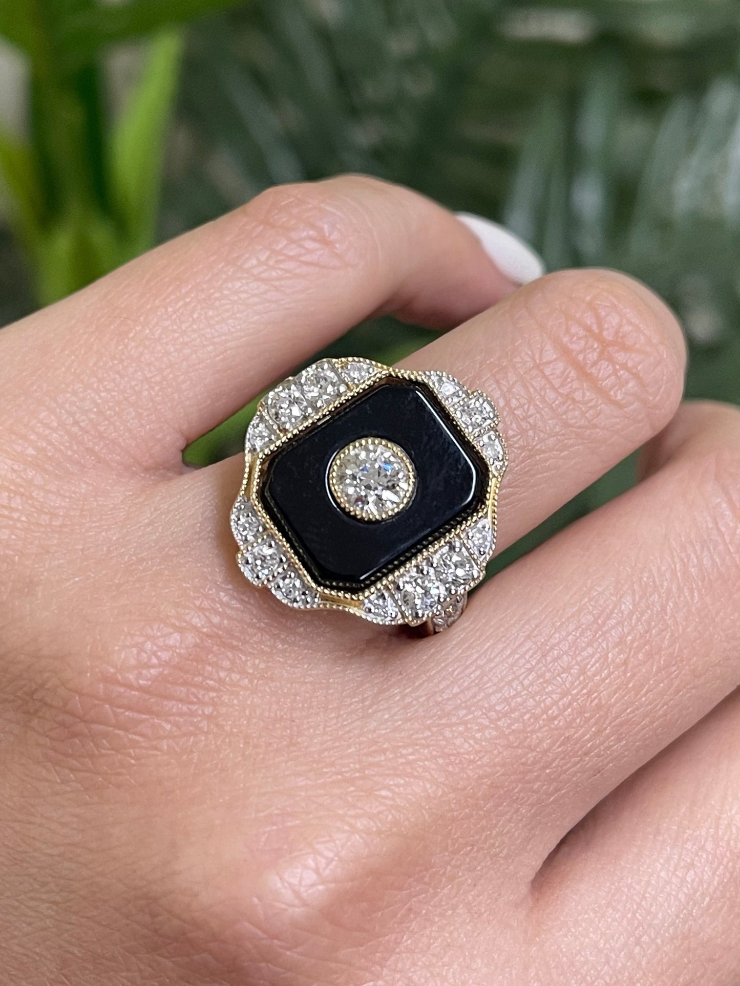 Art Deco Inspired Black Onyx Natural 1.52ct Old Cut Diamond Ring In 14ct Yellow Gold