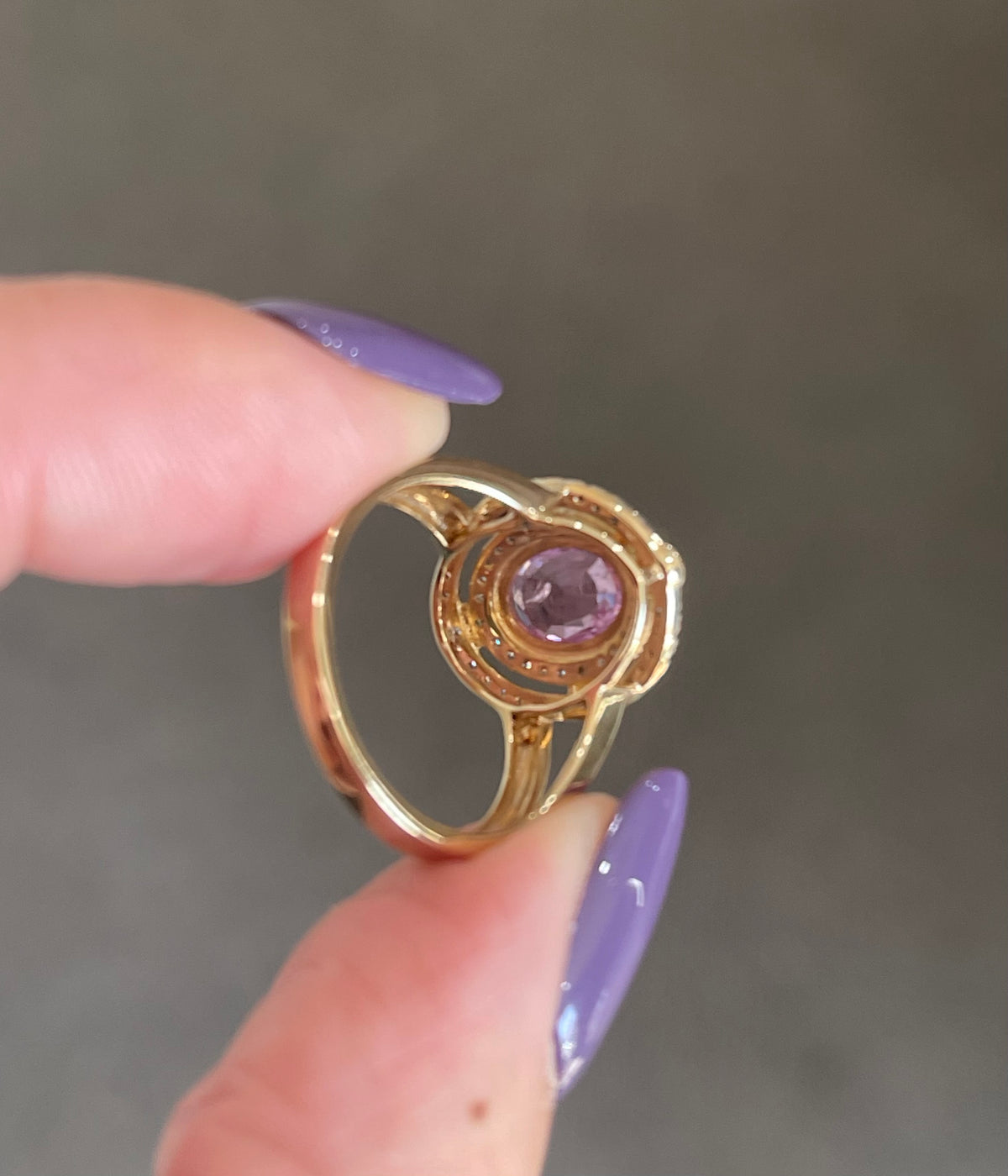 Art Deco Style Natural Pink Sapphire Diamond Halo Ring In 14ct Yellow Gold