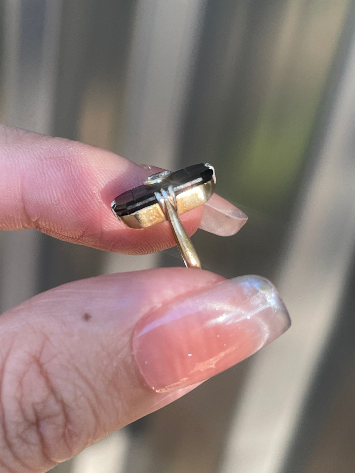 Antique Art Deco Checkerboard Cut Onyx Diamond Ring In 18ct Yellow Gold
