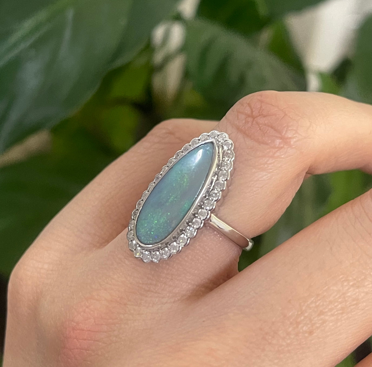 Natural Solid Lighting Ridge Opal Diamond Ring In 14ct White Gold