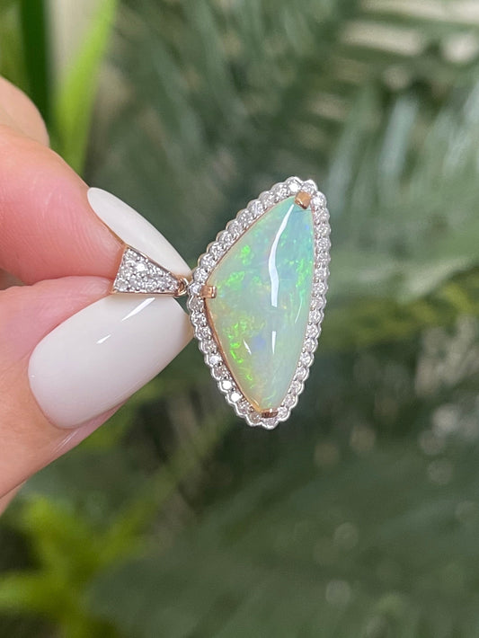 5.45ct Natural Solid Australian Crystal Opal & Diamond Pendant In 14ct Rose Gold