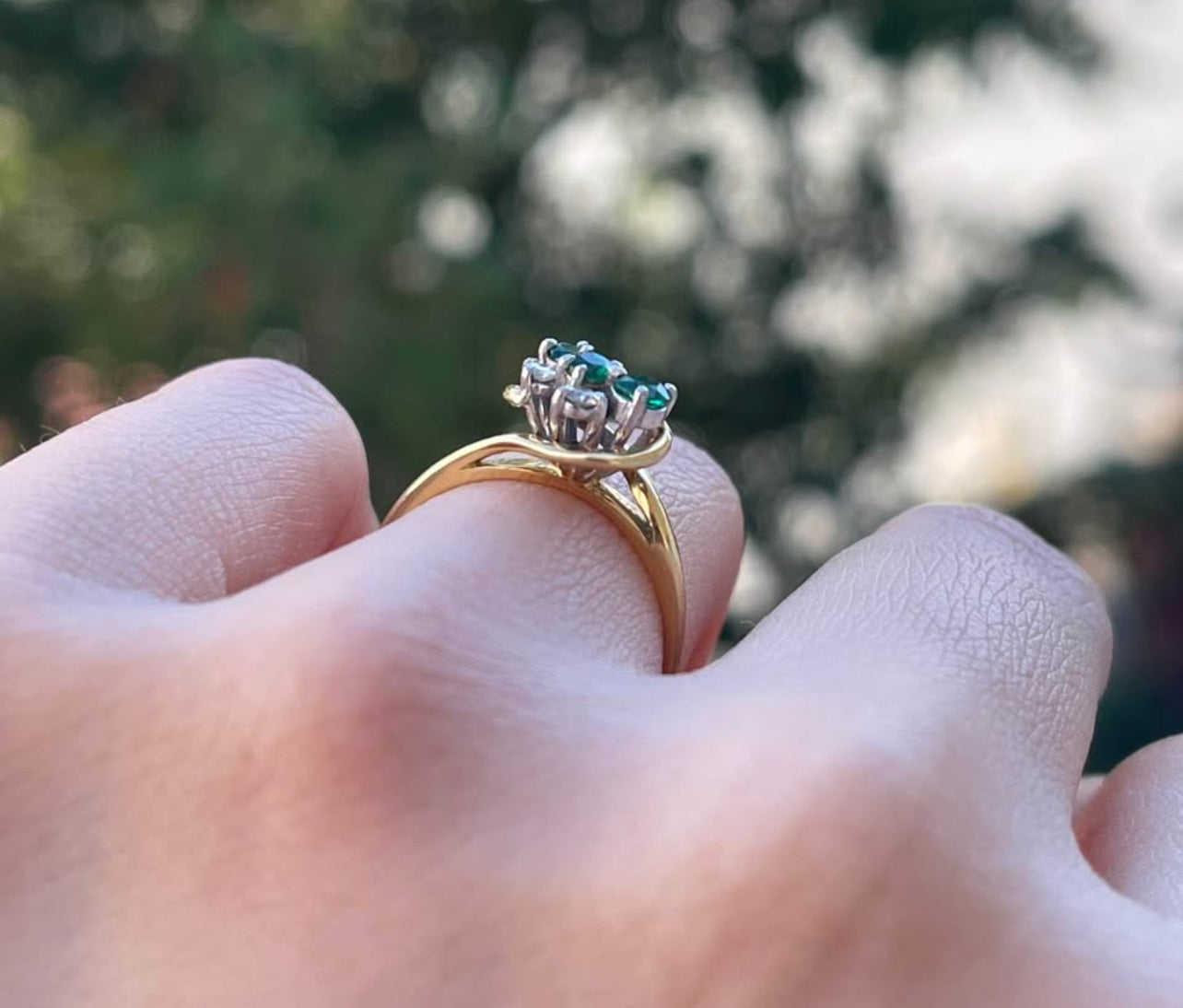 Vintage handmade 18ct yellow & white gold natural emerald diamond dress ring