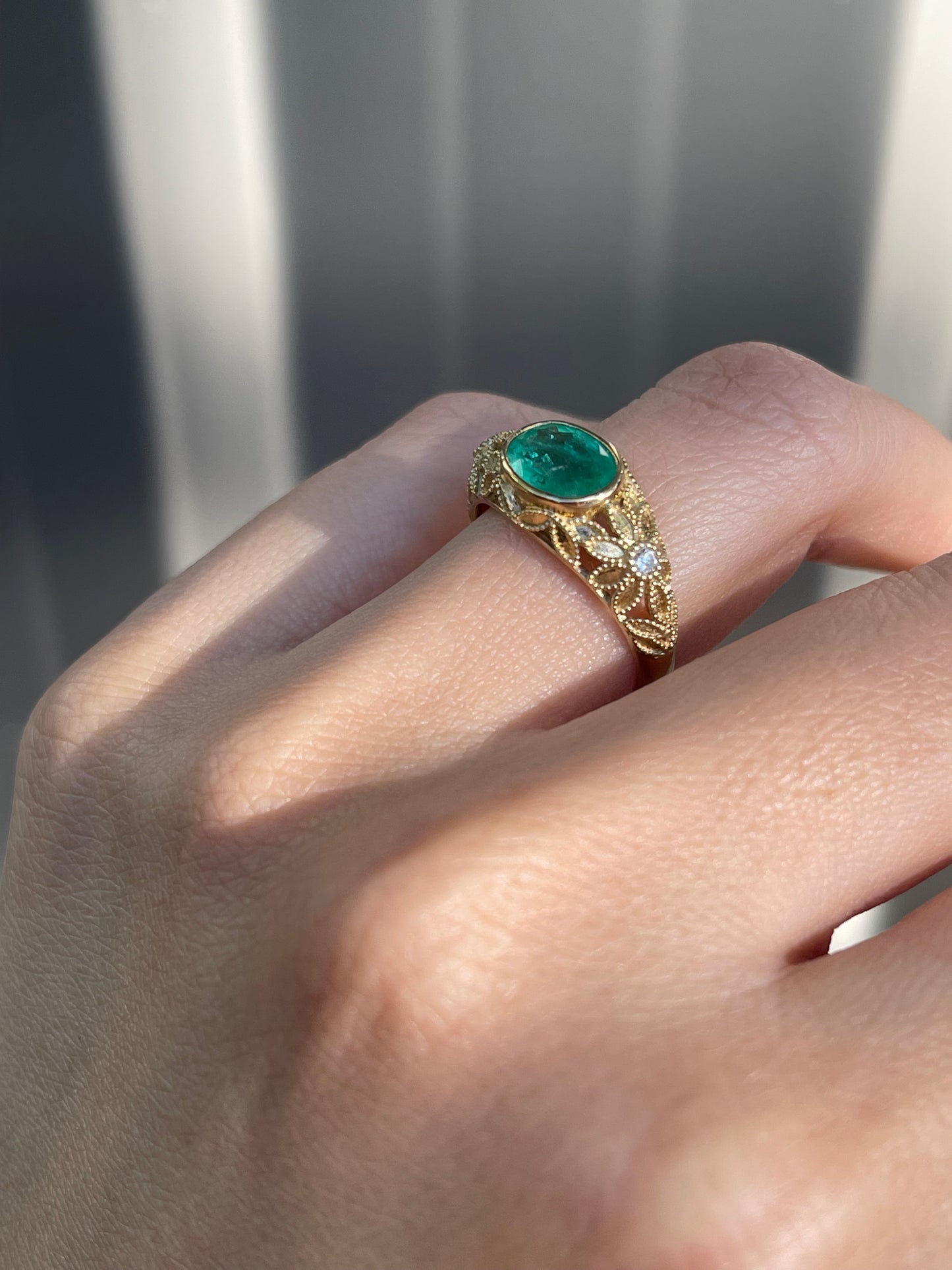 Victorian Inspired 1.35ct Emerald Filigree Ring with diamonds In 9ct Yellow Gold