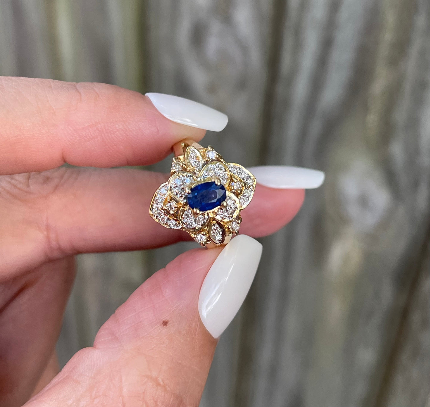 Sapphire Diamond Flower Ring In 18ct Yellow Gold