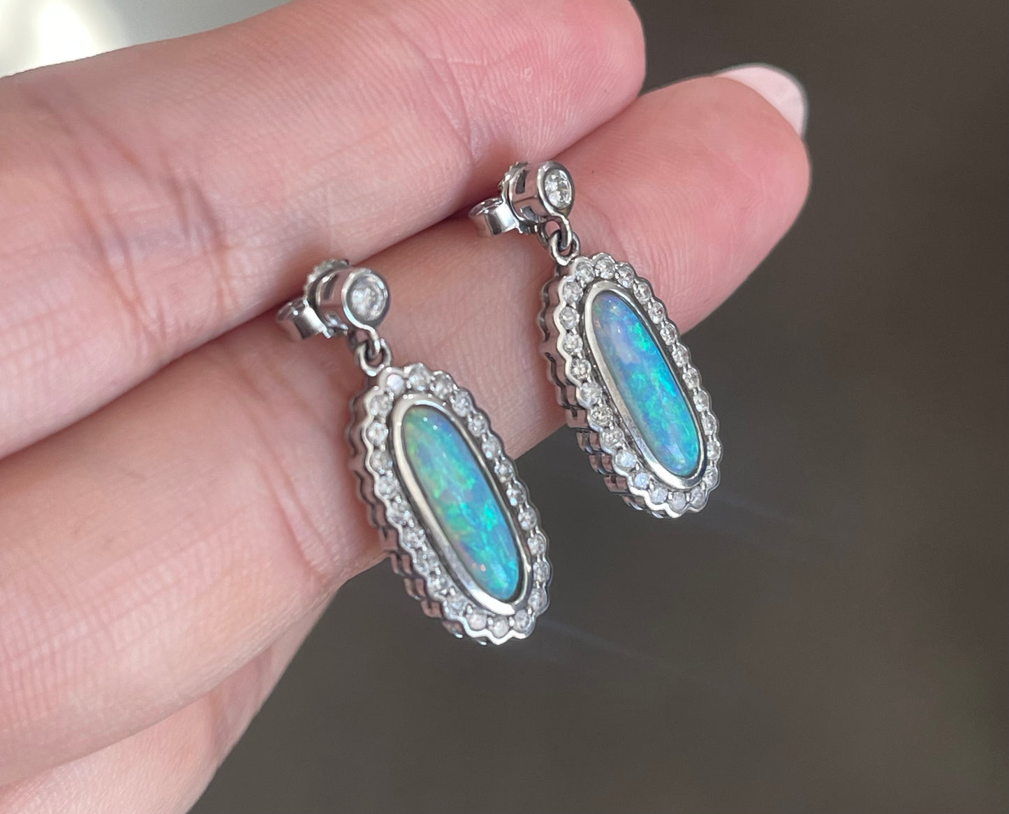 Natural Solid Coober Pedy Opal Diamond Earrings In 14ct White Gold