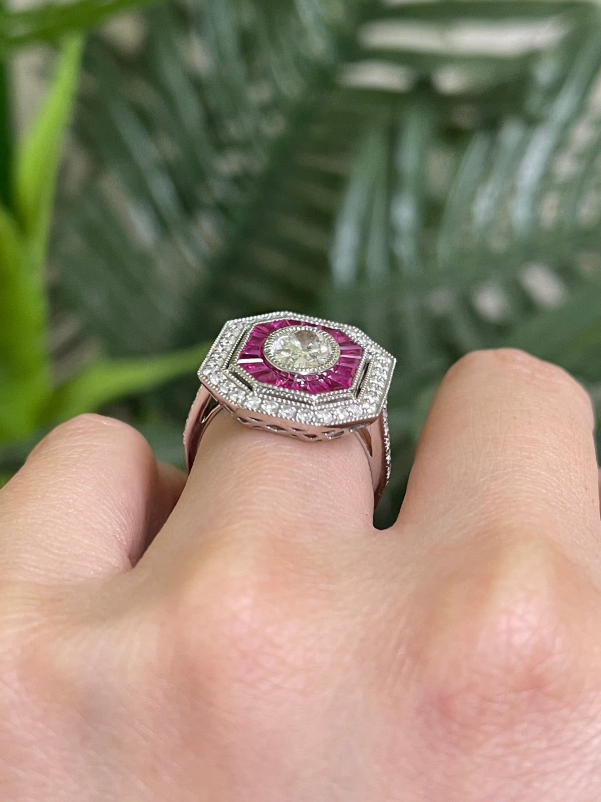 Art Deco Inspired Natural Ruby & Diamond Ring In 14ct White Gold