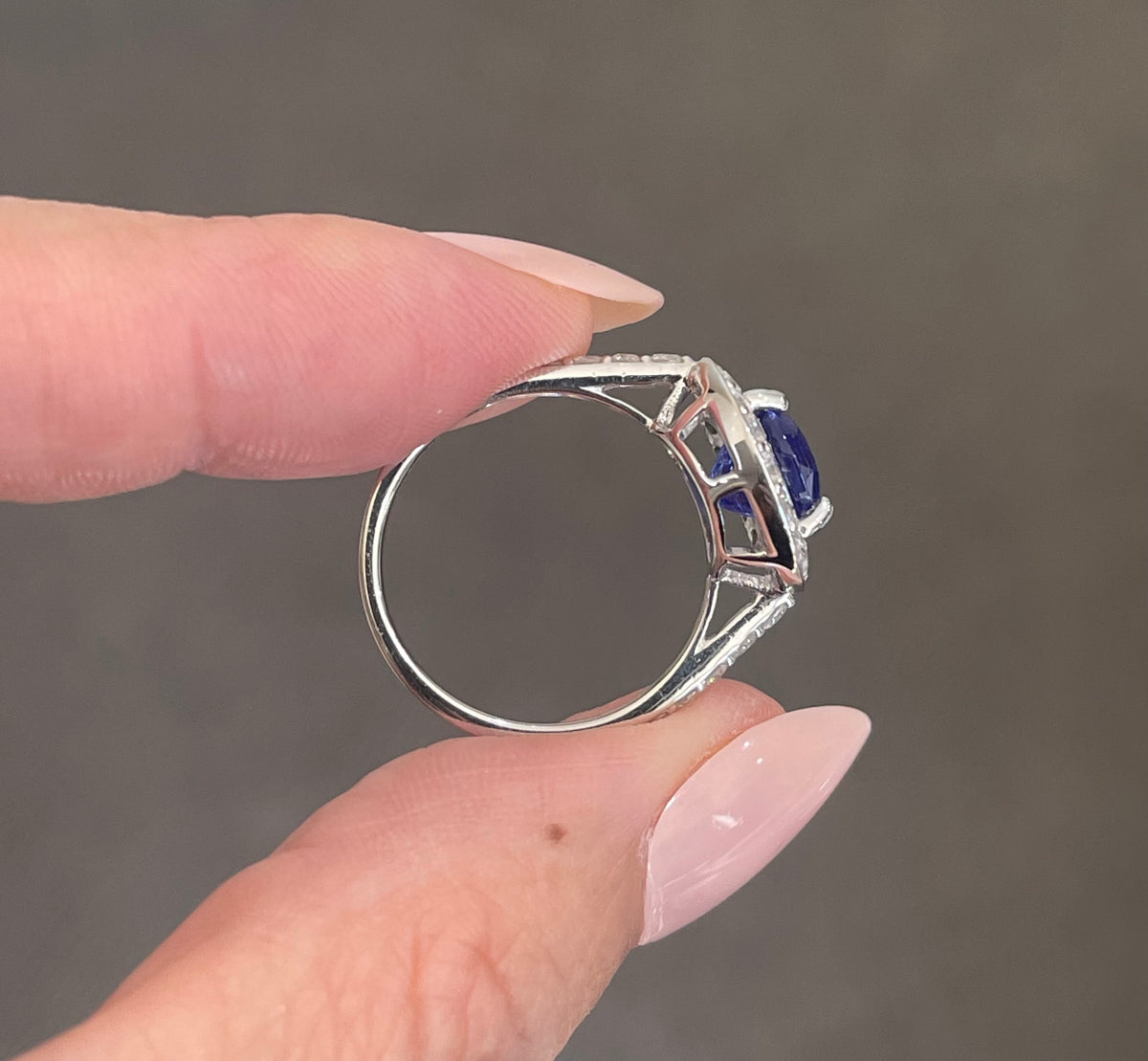 4.07ct Natural Tanzanite Diamond Halo Ring In 14ct White Gold