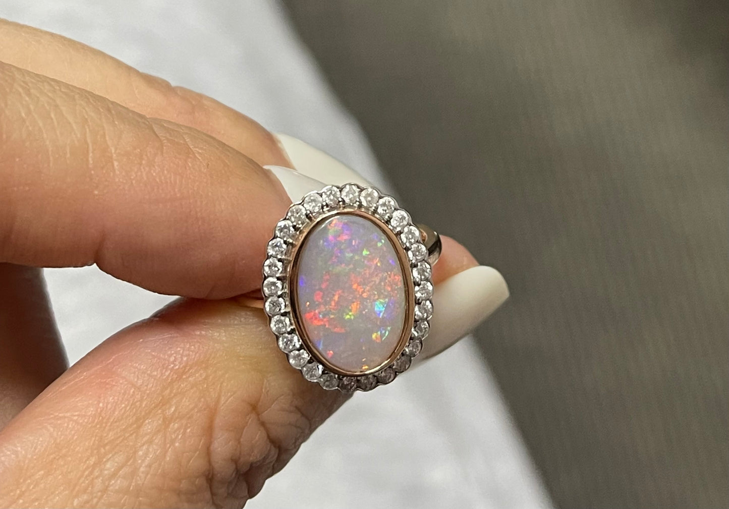 Natural Solid Australian Andamooka Opal & Diamond Ring In 14ct Rose & White Gold