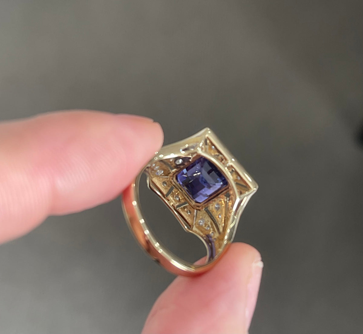 Imperial Art Deco Style Natural Tanzanite Diamond Ring In 14ct Yellow Gold