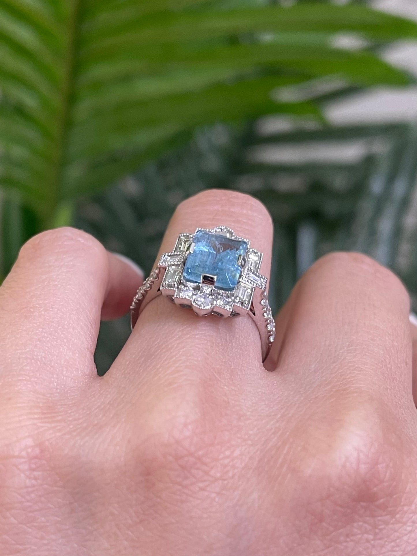 Art Deco Style 1.96ct Natural Aquamarine & Diamond Ring In 14ct White Gold