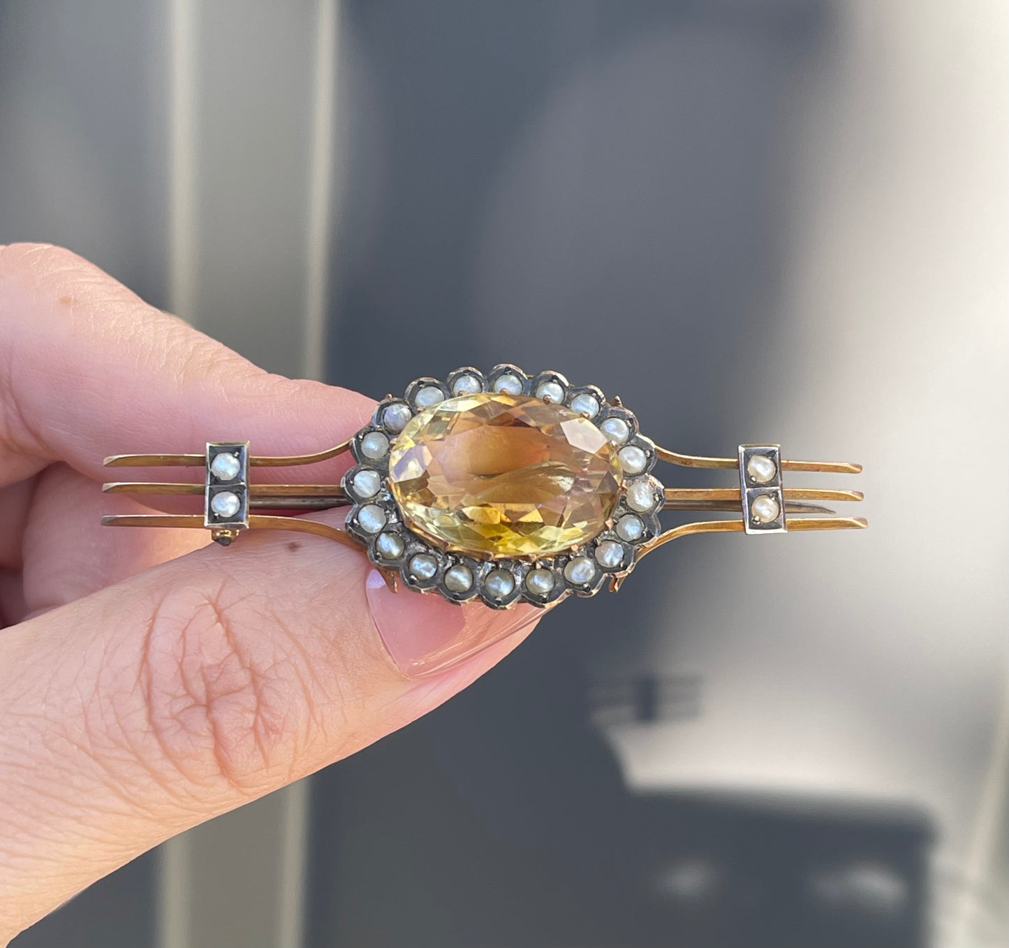 Antique Edwardian Citrine Seed Pearl Brooch In 9ct Yellow Gold