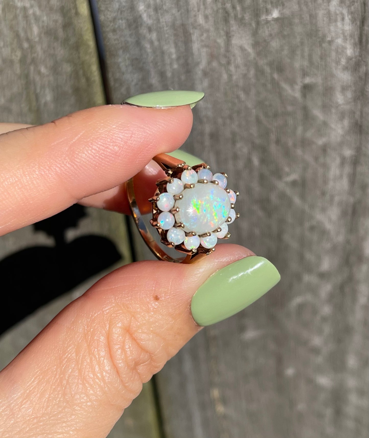 Vintage 1971 UK OriginNatural Solid Opal Cluster Ring In 9ct Yellow Gold