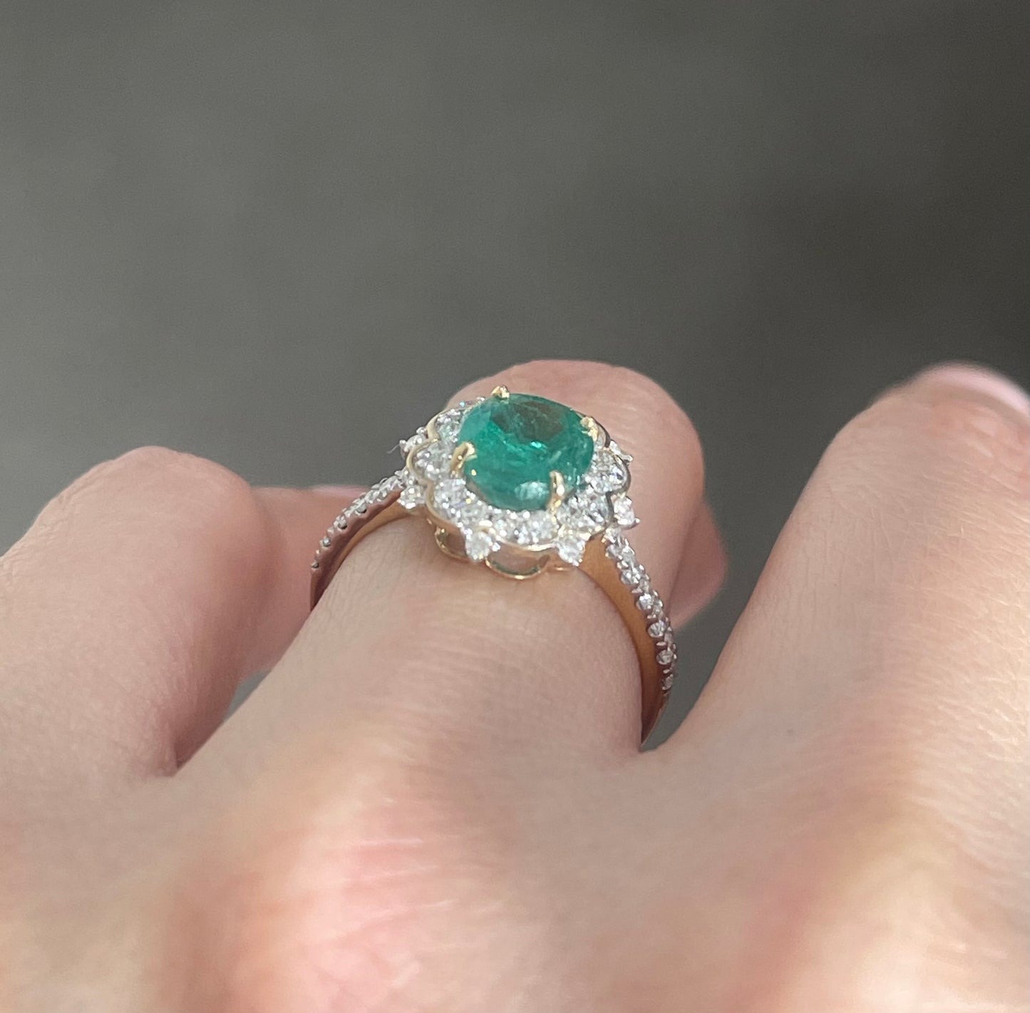 Natural Emerald Diamond Flower Ring In 14ct Yellow Gold