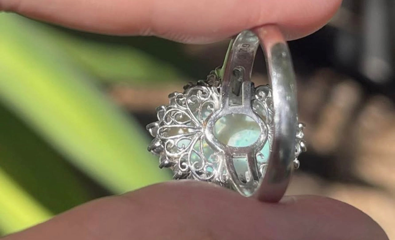 Natural Solid Australian Opal & Diamond Ring In 900 Platinum