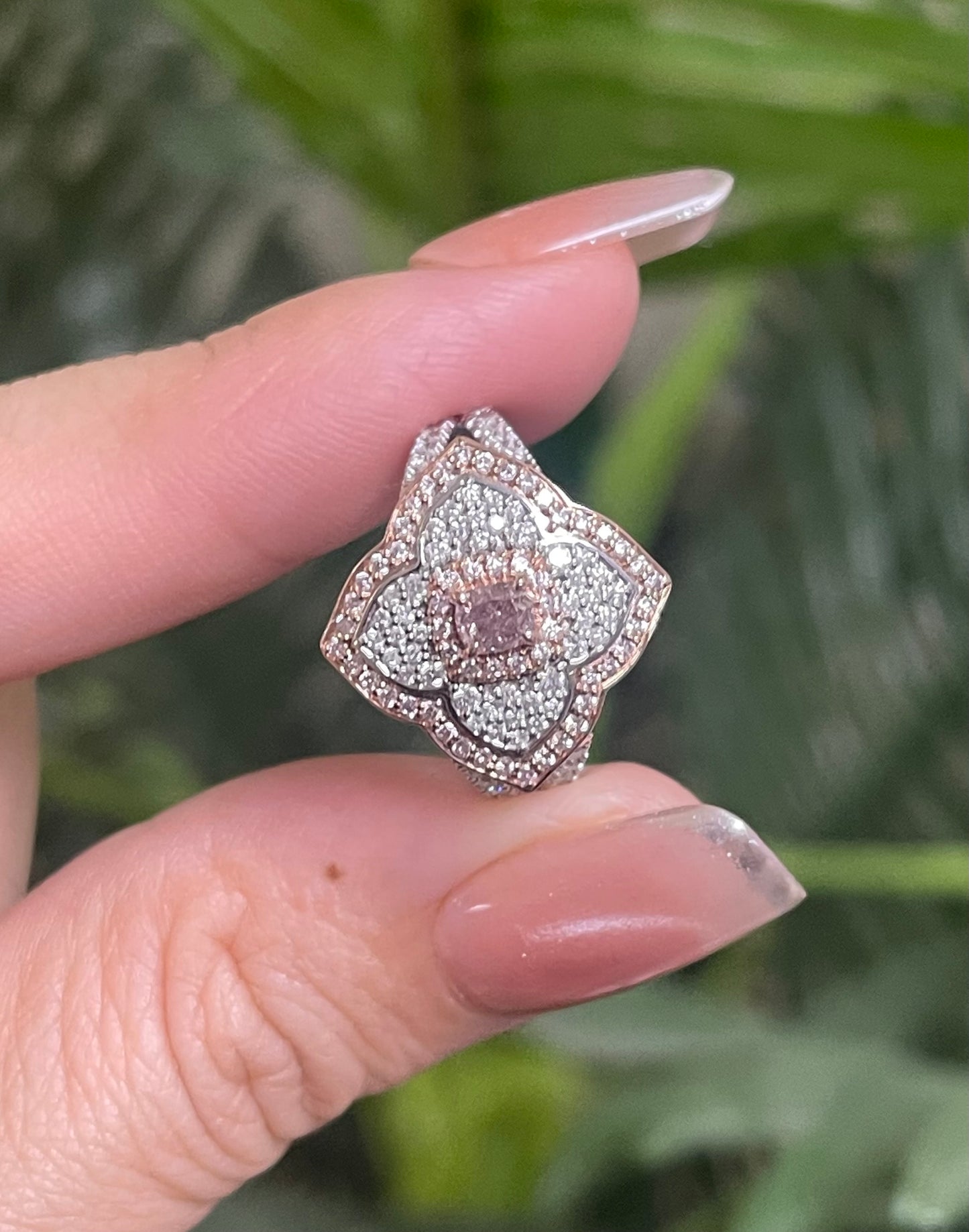 Natural Pink Diamond Flower Ring In 14ct Rose Gold & White Gold