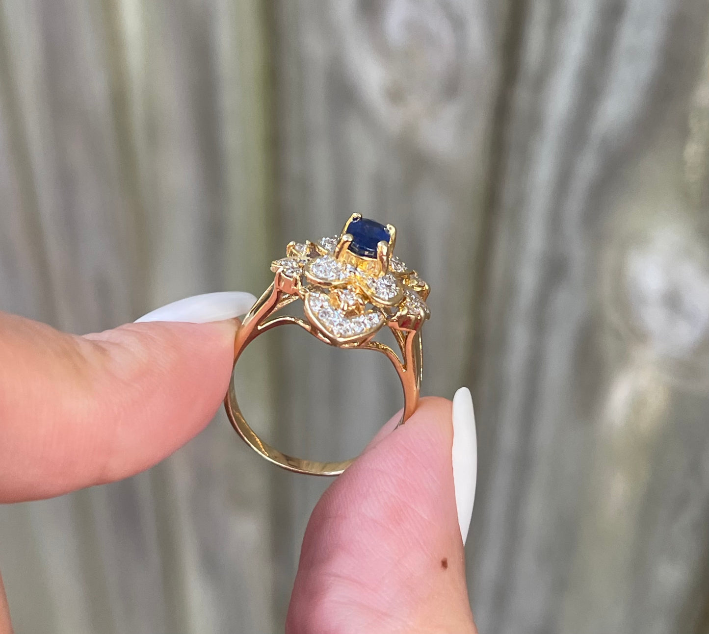 Sapphire Diamond Flower Ring In 18ct Yellow Gold