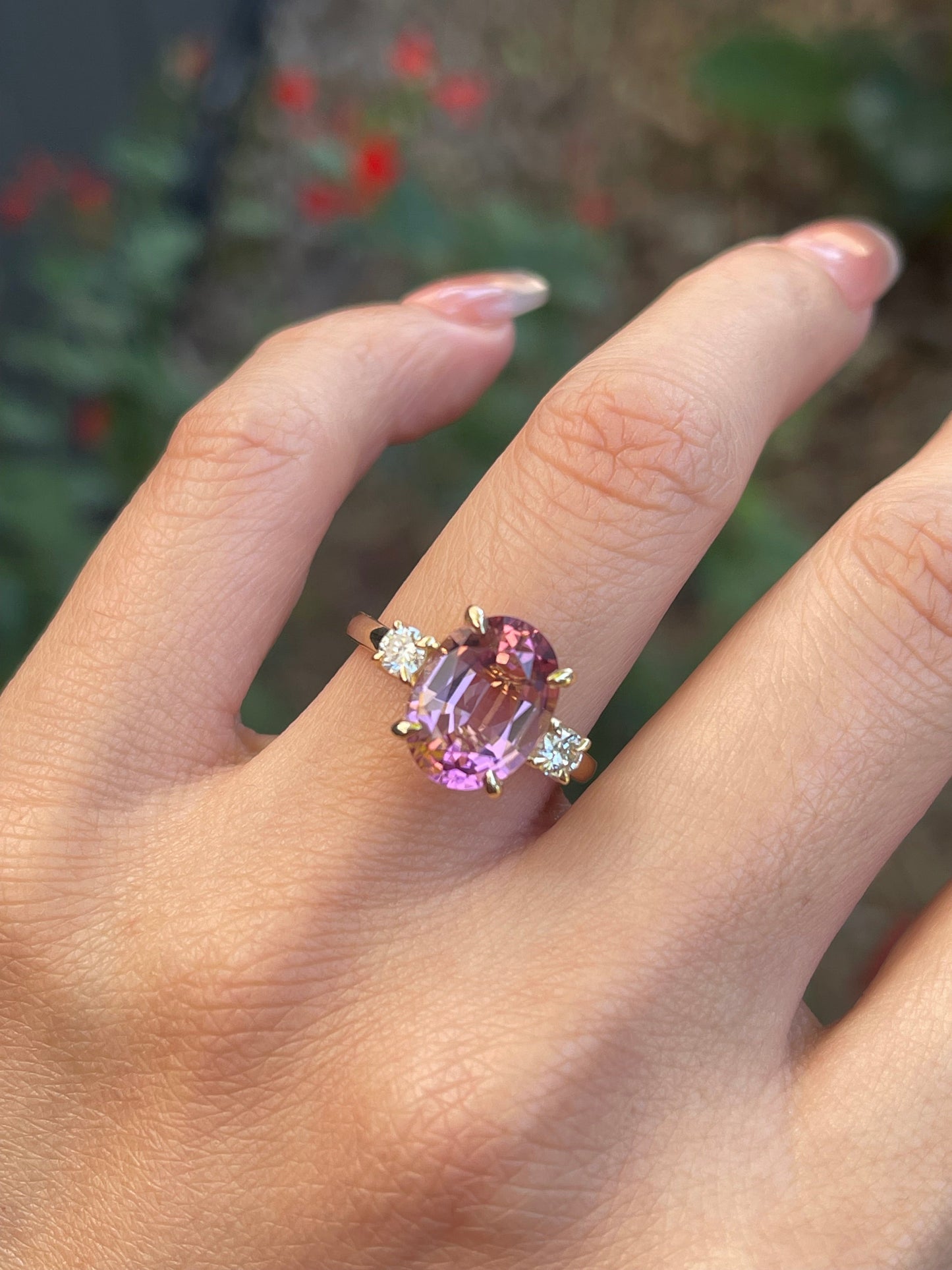 S.E. Custom 3.7ct Pink Tourmaline Diamond Trilogy Ring In 14ct Yellow Gold