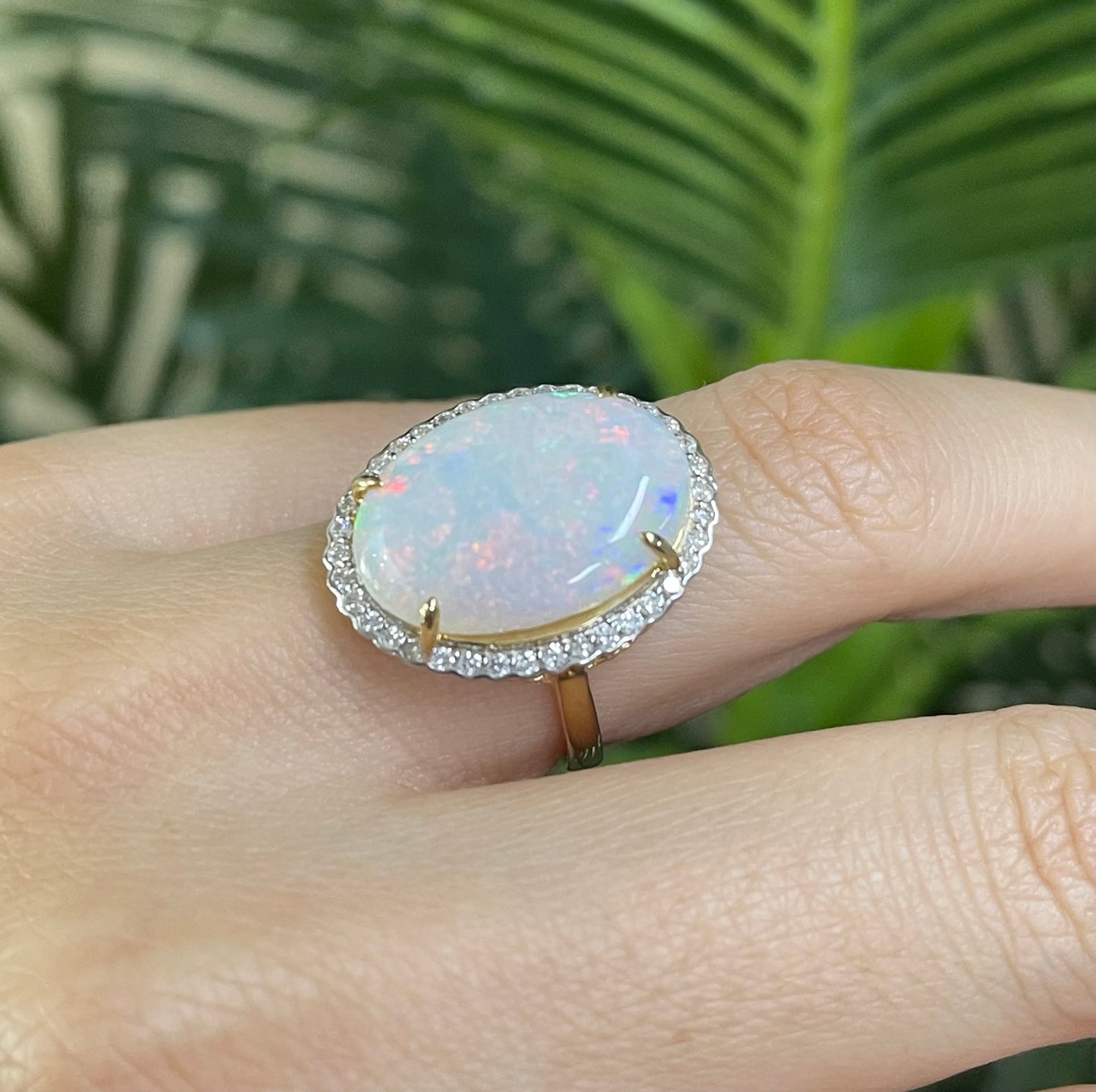 5.96ctNatural Solid Australian Andamooka Opal & Diamond Halo Ring In 14ct Yellow Gold