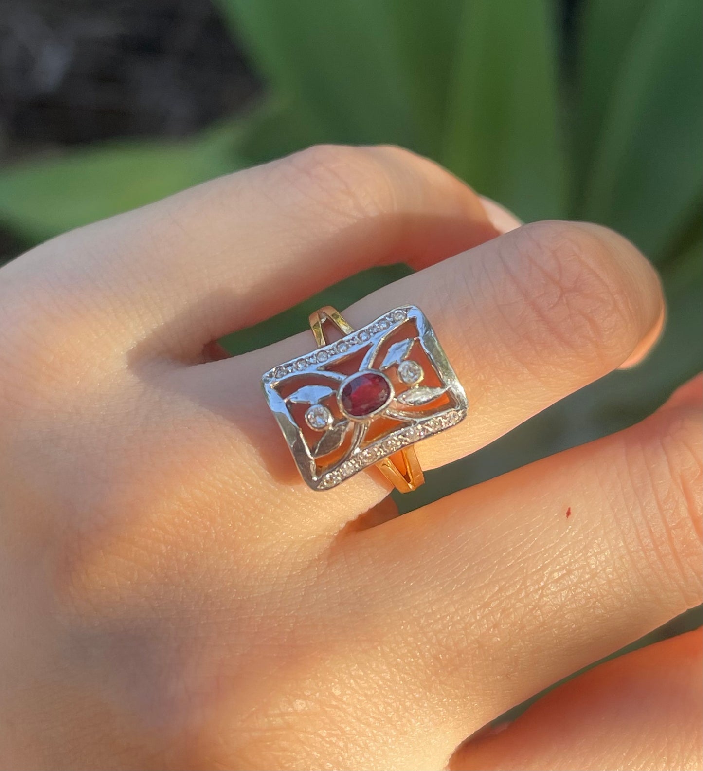 Vintage art deco style 18ct yellow white gold garnet diamond ring