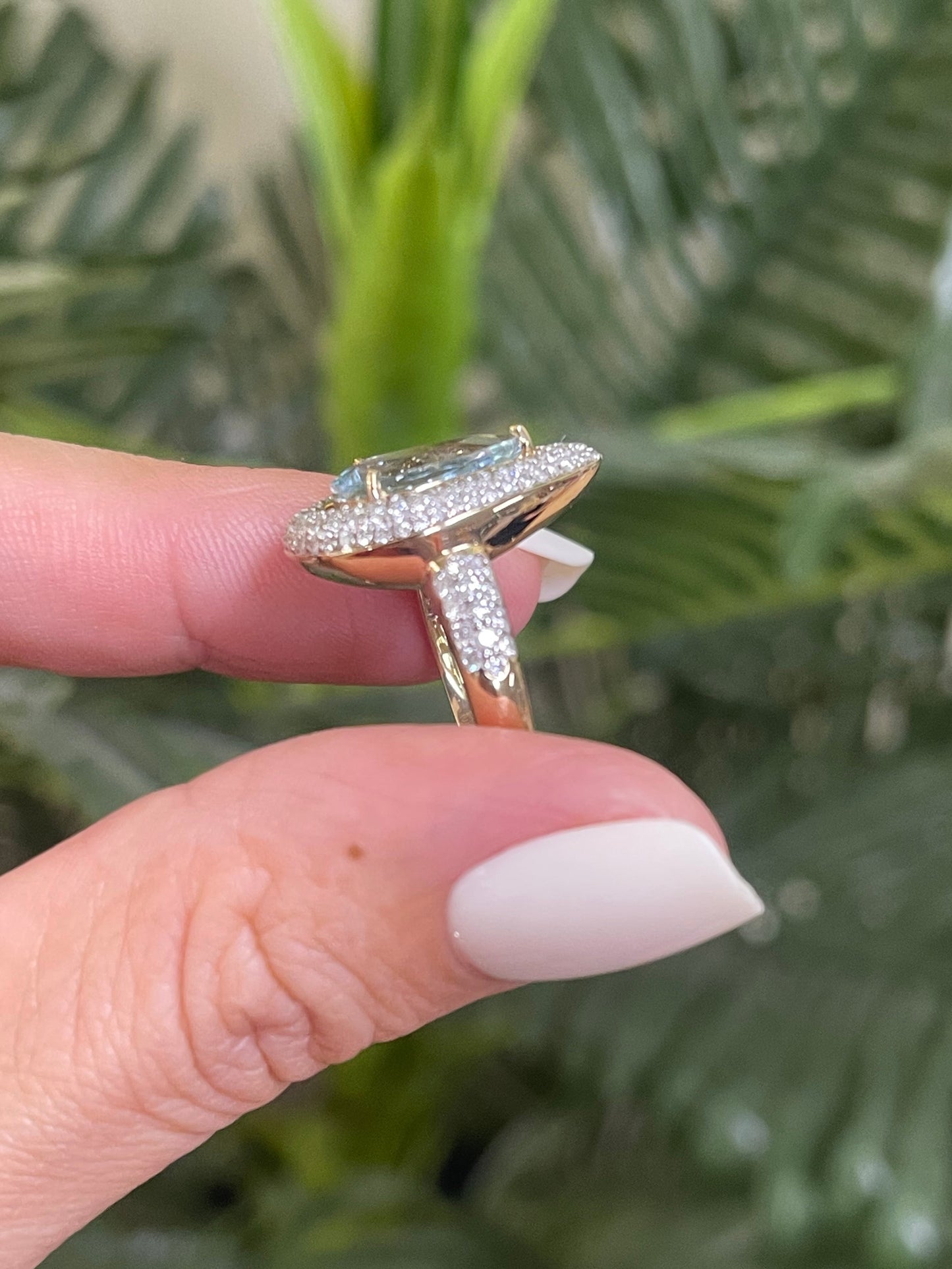 Natural Aquamarine & Diamond Halo Ring In 14ct Yellow Gold