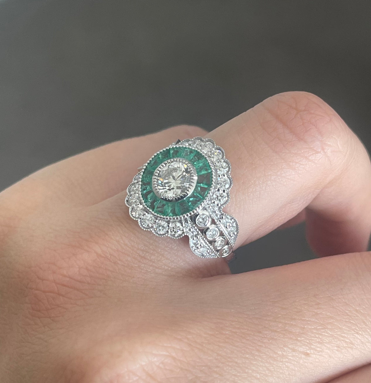 Art Deco Style 1.73ct Natural Diamond Emerald Ring In 14ct White Gold