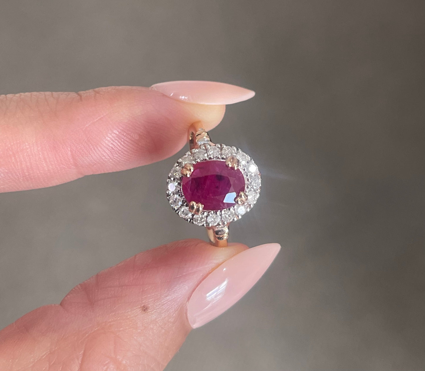 Vintage Style Natural Ruby Diamond Halo Ring in 14ct Rose Gold
