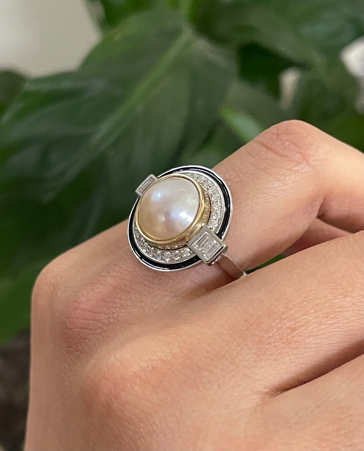 Art Deco Inspired South Sea Mabe Pearl & Diamond Ring with Black Enamel In 14ct White Gold